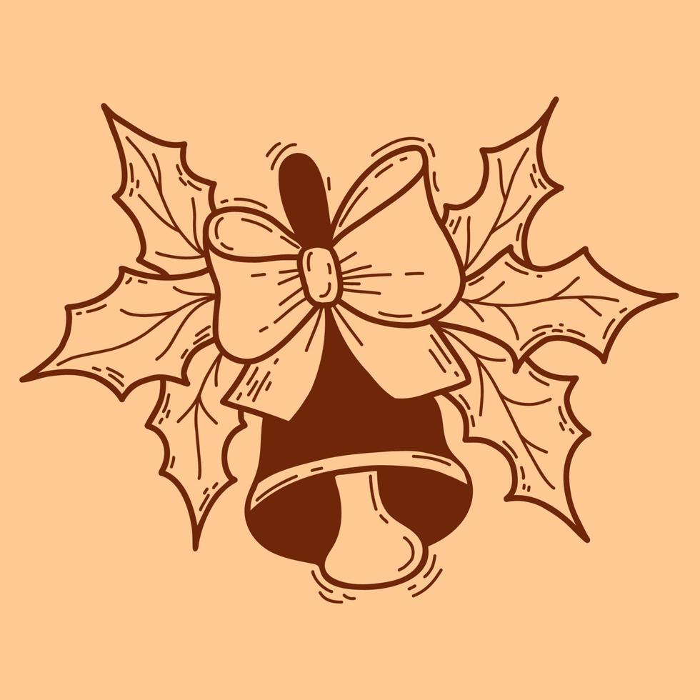 campana con gran lazo y hojas de muérdago. decoración tradicional navideña. ilustración vectorial dibujo decorativo a mano para diseño, decoración, tarjetas, impresión y decoración. vector