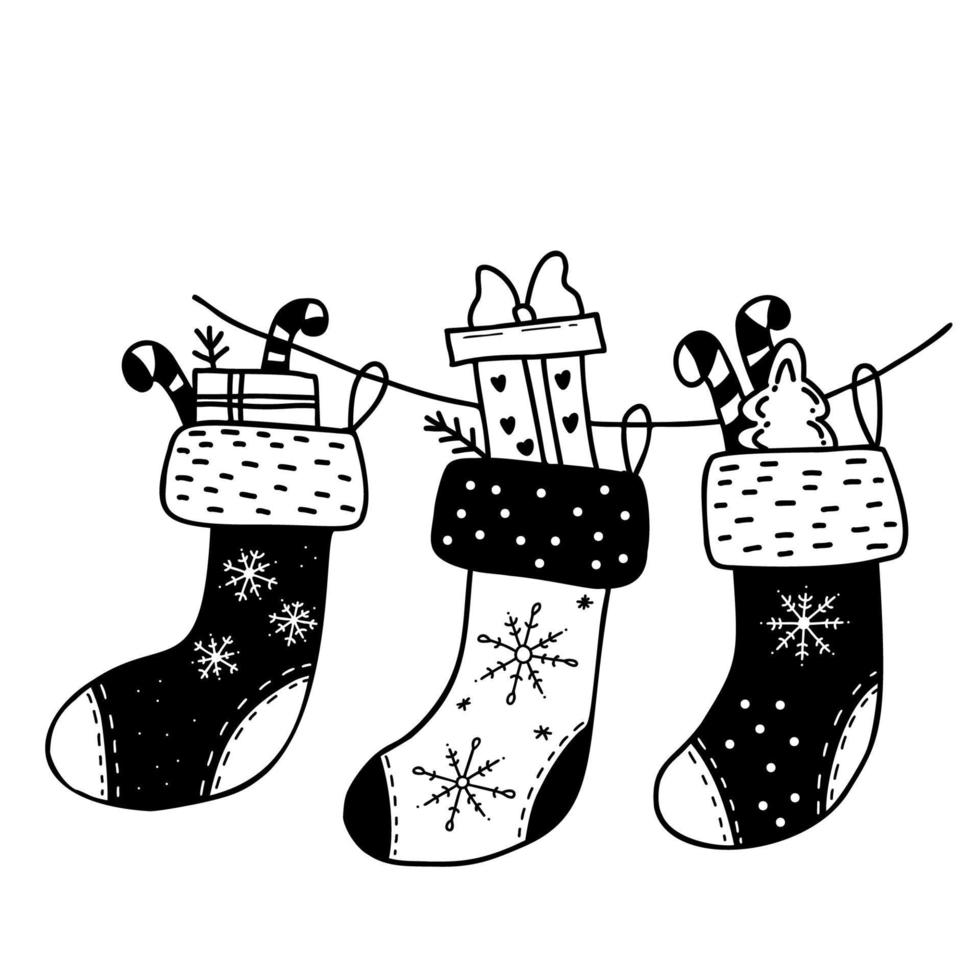Christmas stockings with gifts. Vector hand drawing in doodle style