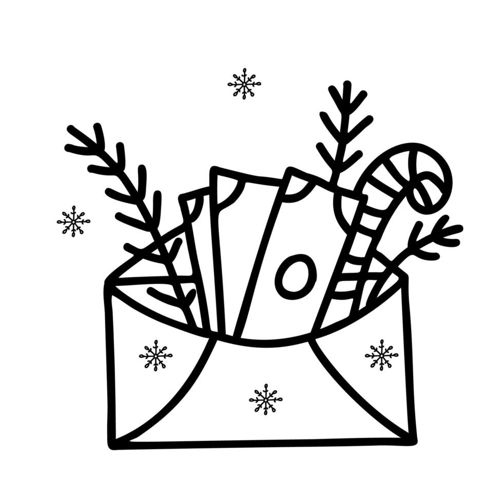 regalo de sobre de navidad. carta con dinero y palitos de caramelo. dibujo a mano vectorial en estilo garabato. para decoración navideña, diseño, decoración e impresión. vector