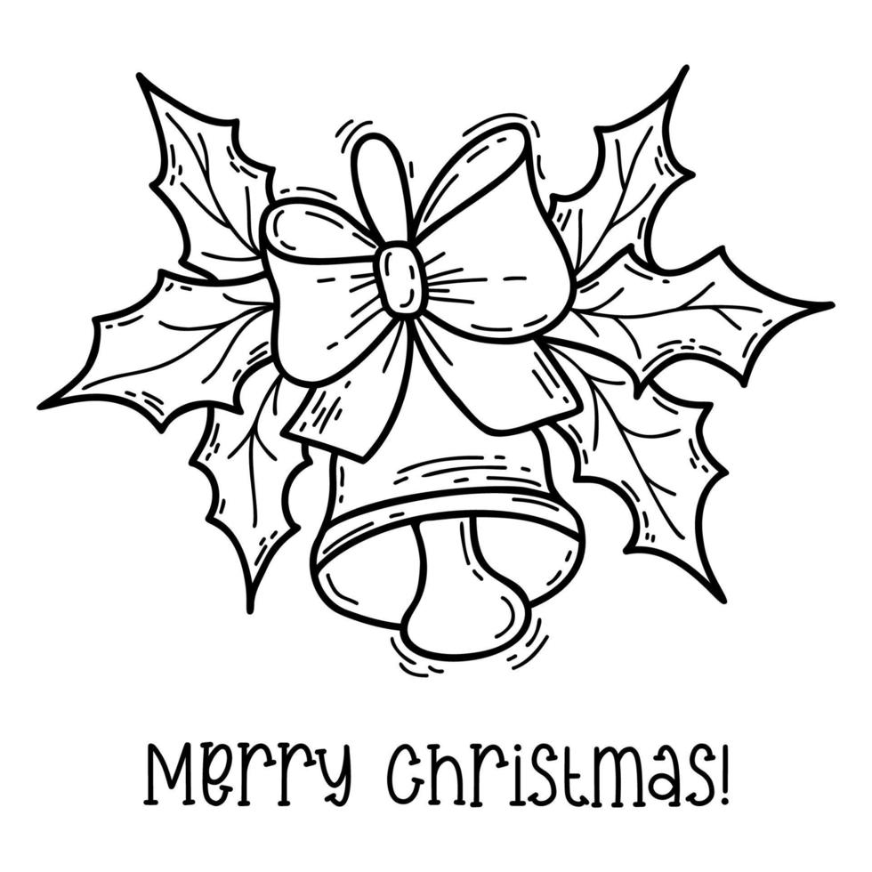 Christmas bell with bow and mistletoe leaves. New Years traditional decor. Vector illustration. Linear hand drawing.