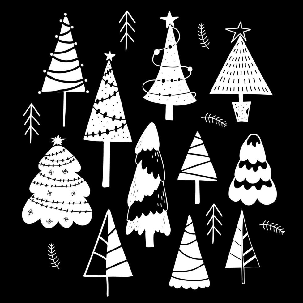 Collection Christmas trees. Various trees, with garland, simple and abstract. Vector isolated hand drawn doodle white line drawing on black background
