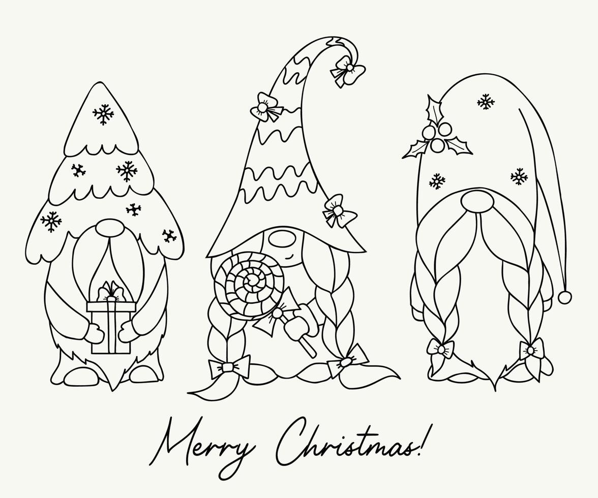 Scandinavian gnomes. Cute Gnome girl with lollipop, Christmas gnome with Christmas tree and gift. Vector illustration. Linear hand drawn Doodle. Isolated New year characters gnomes.