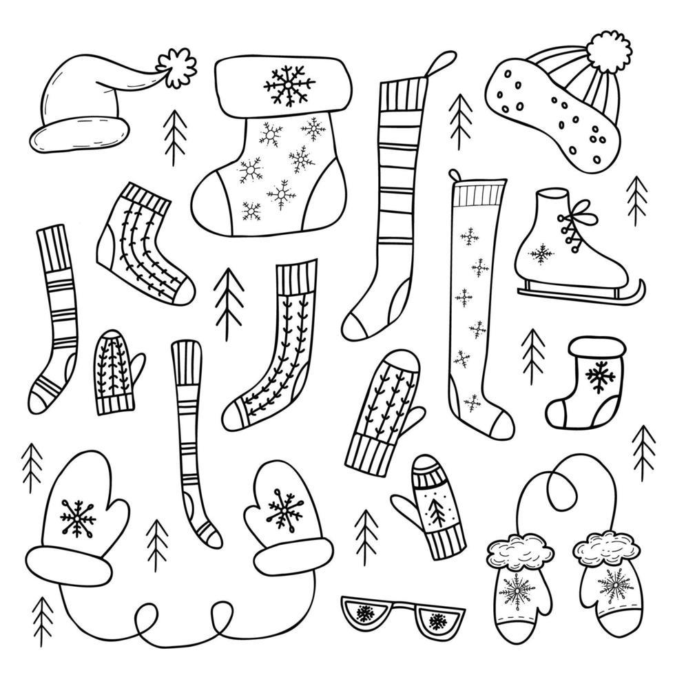 ropa de punto de invierno, patines, calcetines de punto, mitones y gorro, gorro de Papá Noel y bota navideña con copo de nieve. garabatos dibujados a mano lineal vectorial. dibujos aislados para diseño, decoración y tarjetas vector