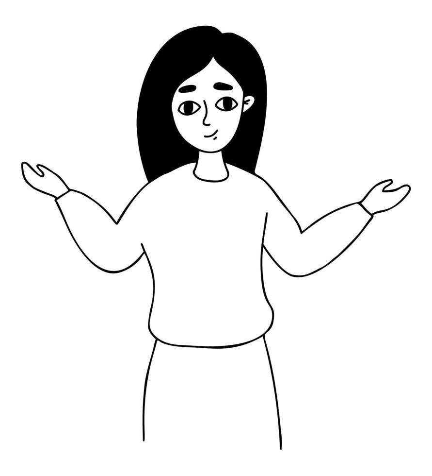 Girl with long hair and arms up at her sides. Vector illustration. Linear hand drawing doodle. Cute female character hand gesture choice and make decision.