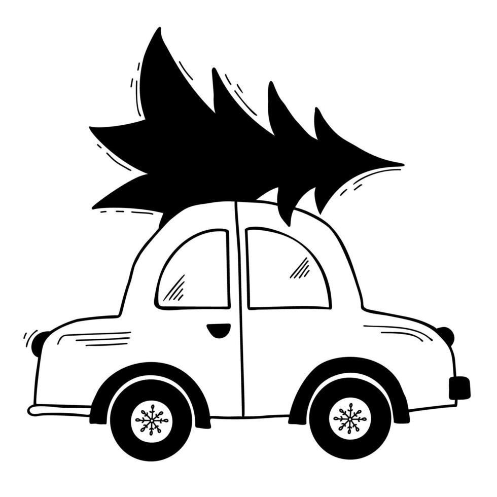 Car with christmas tree. Cute winter transport. Vector hand drawn doodle for christmas and New Year decor, cards, colorize picture.