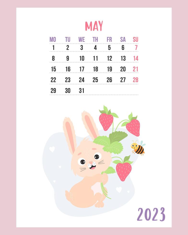 May 2023 calendar. Cute bunny with bouquet of strawberries and funny bee. Vector illustration. Vertical Template. Week from Monday In English. 2023 year rabbit to Chinese zodiac.