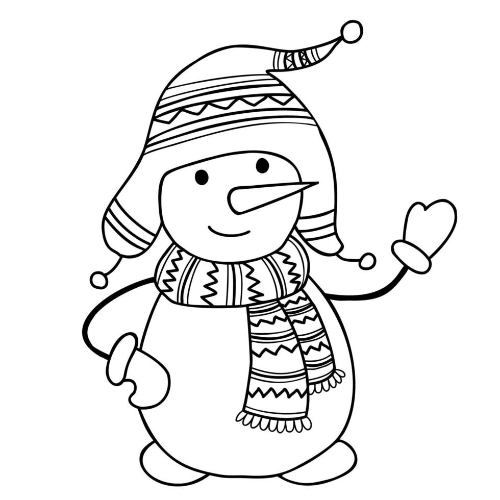 lindo muñeco de nieve con gorro de punto y bufanda. ilustración vectorial garabato dibujado a mano lineal. lindo personaje de nieve de cuento de hadas de dibujos animados de invierno para decoración y tarjetas de año nuevo, colorear imagen. vector