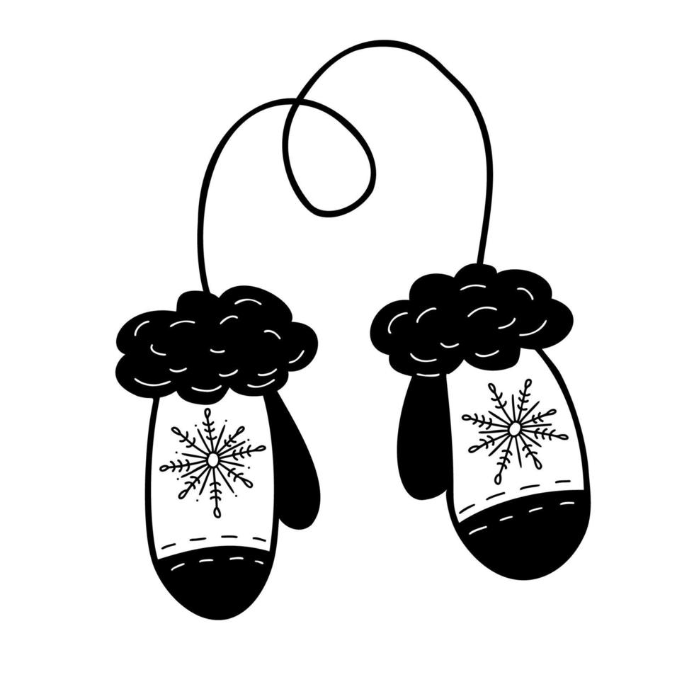 Winter pair of knitted gloves with snowflake on rope. Vector hand drawing in doodle style. For holiday decor, design, decoration and printing.