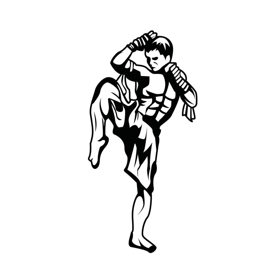 Kick Boxer Black and White Illustration vector