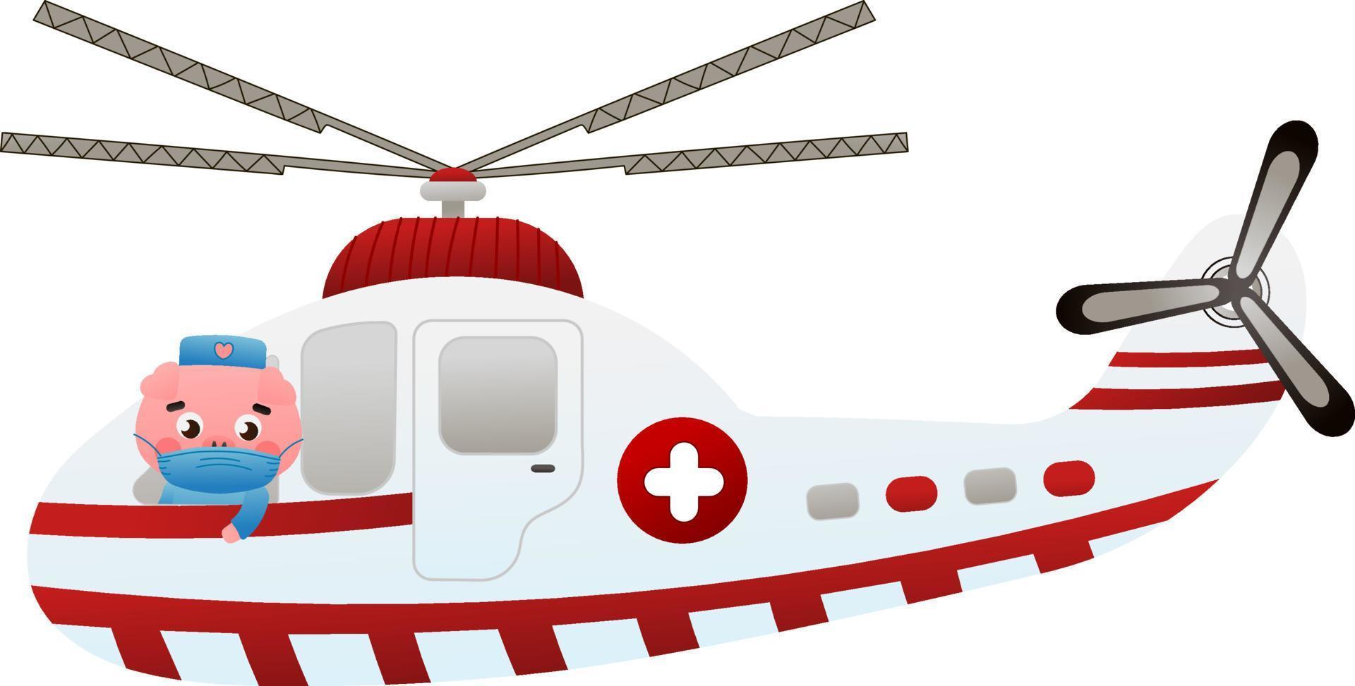 lindo cerdo doctor conduciendo helicóptero ambulancia, animal en emergencia vector