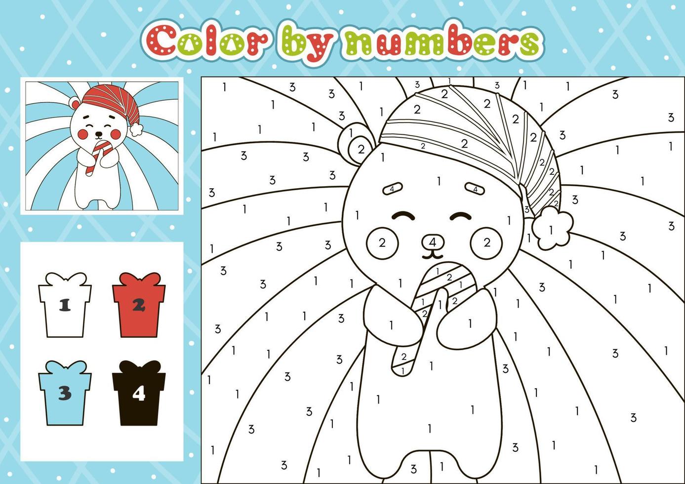 Christmas number coloring page for kids with cute bear character vector