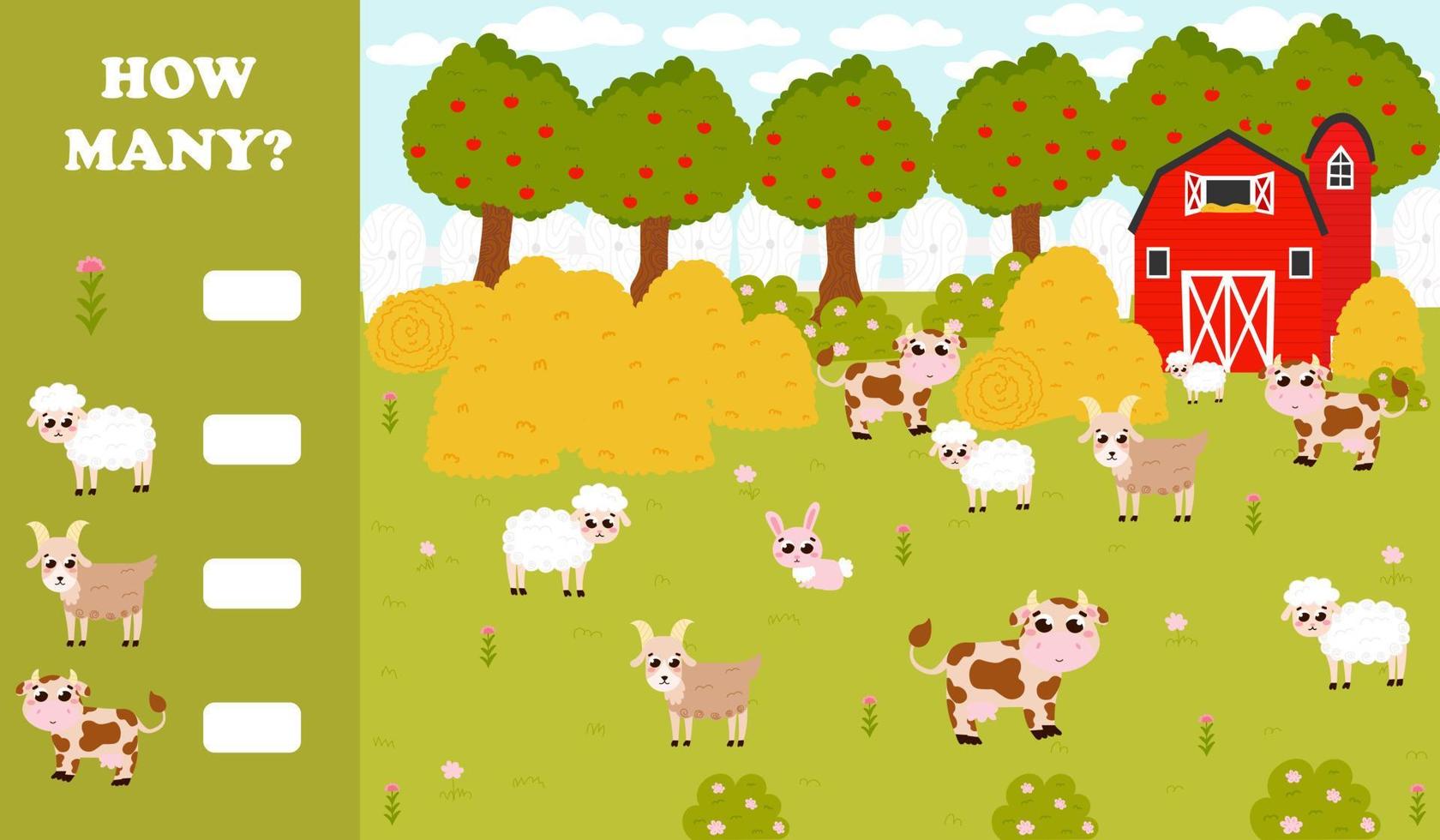 Counting game for kids with farm animals - sheeps and cows, goats and flowers, barn and haystacks in cartoon style vector