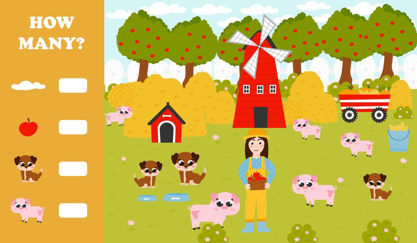 juego de conteo para niños con animales de granja: cerdos, granjera recogiendo manzanas en el jardín de manzanos, perros y caseta de perro vector