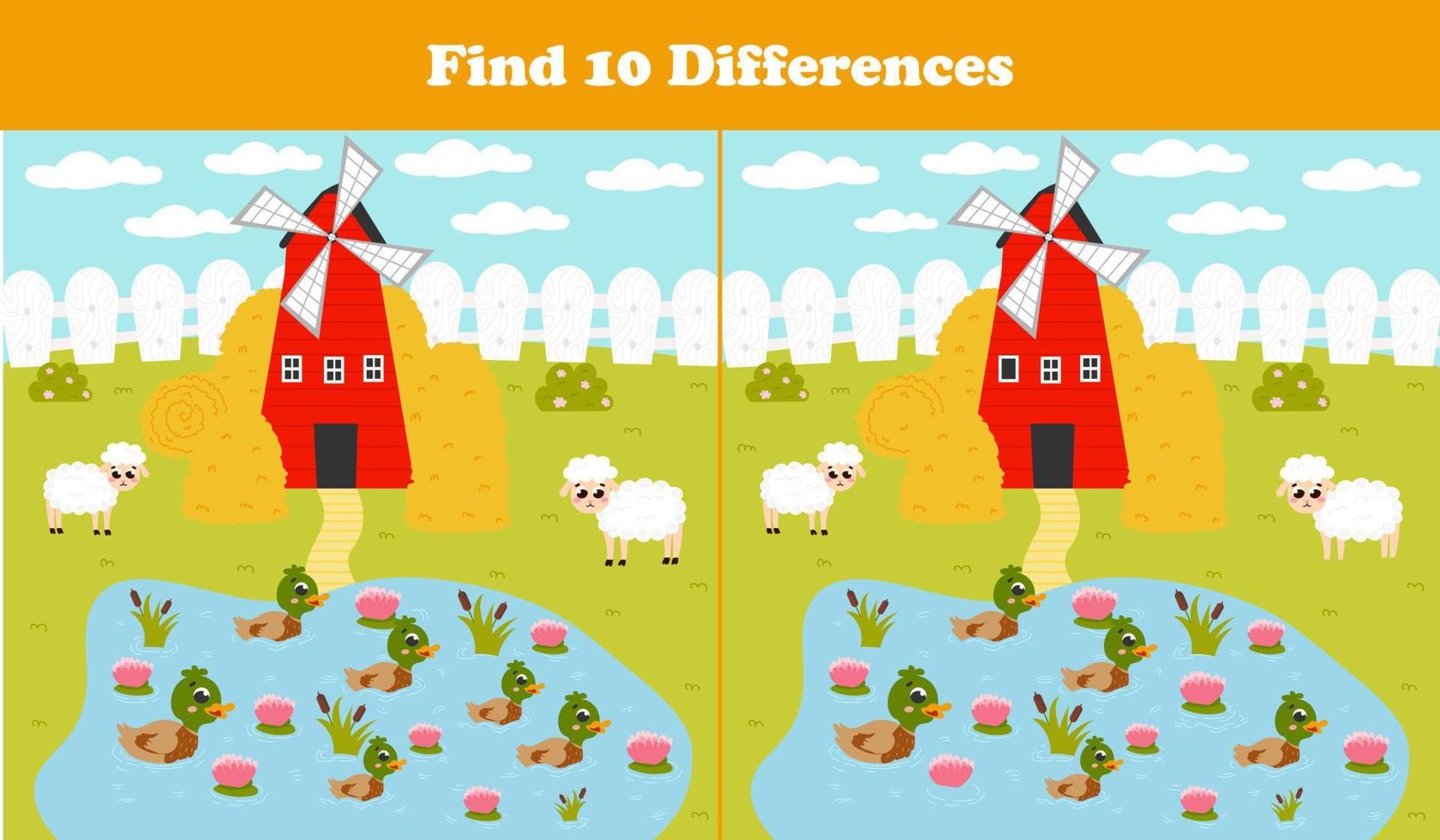 encuentra el juego de diez diferencias con molino de viento de granja, ovejas y estanque con patos y nenúfares, acertijo colorido imprimible vector