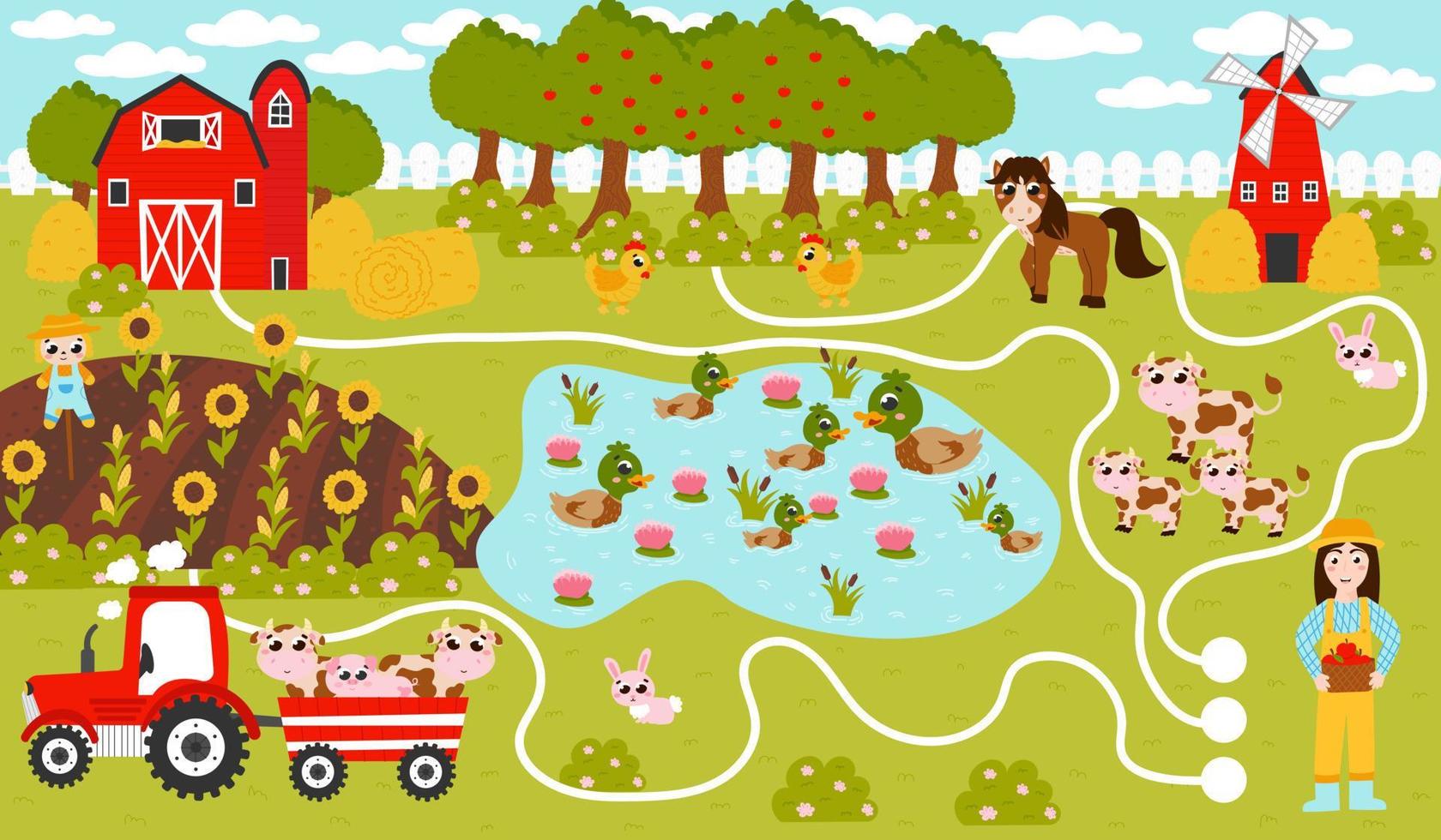 Find way game for kids with farmer girl and tractor with animals, pond with ducks and barn, harvest and animals vector