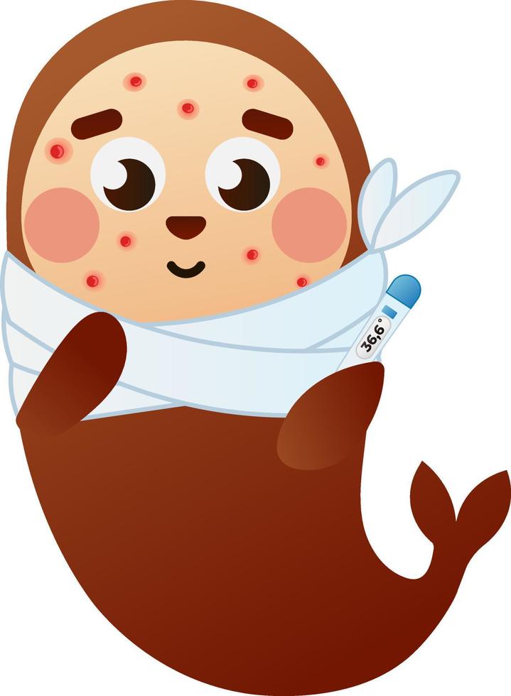 Cute baby seal suffering from high temperature and rash in cartoon style vector