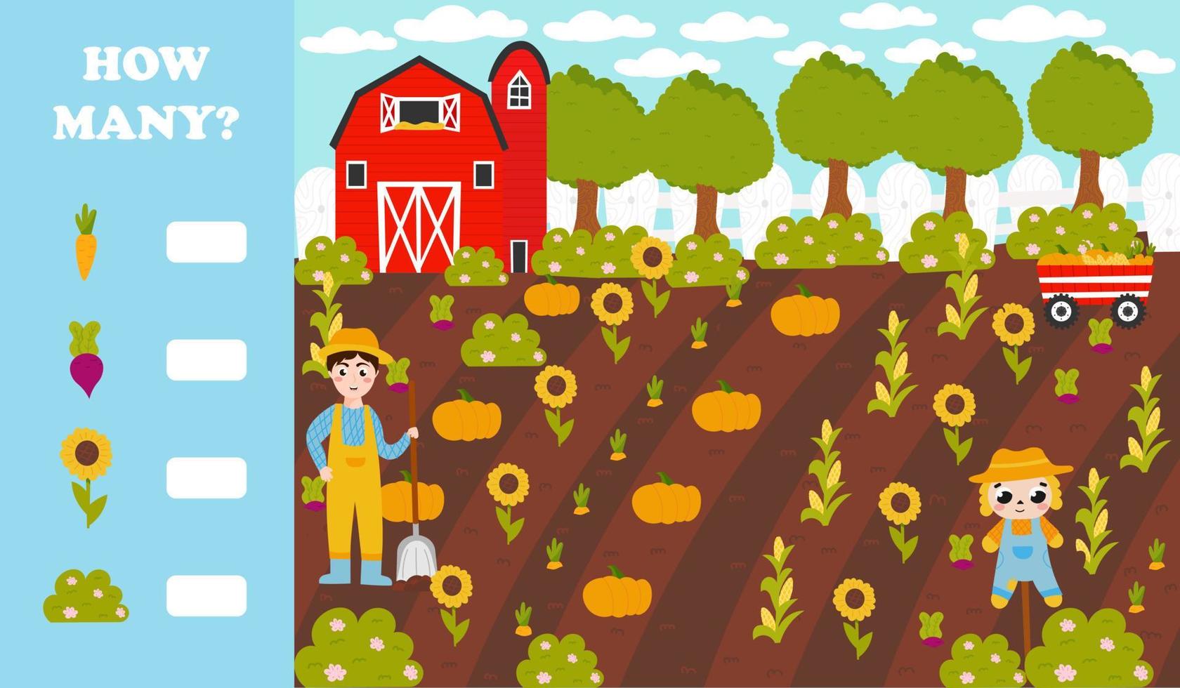 How many game for kids with field of pumpkin and sunflower harvest, scarecrow and farmer digging, farm landscape vector