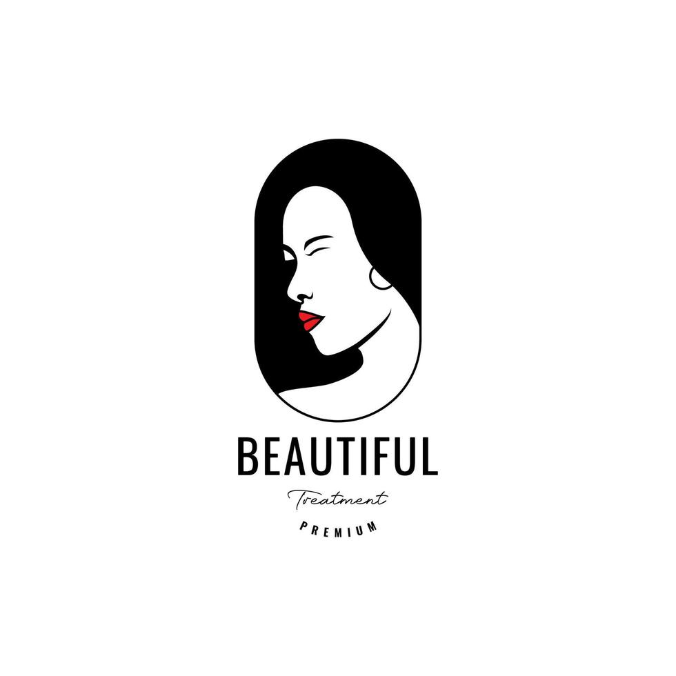 hermoso rostro mujer con cabello largo y labios vector de diseño de logotipo