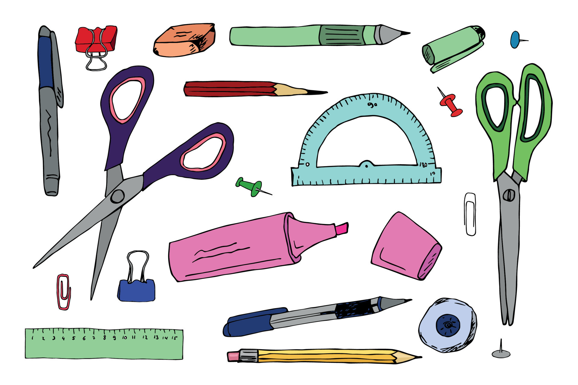 Vector office supplies clipart set. Hand drawn back to school