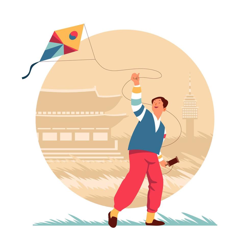 Boy Play a Kite in Seollal Holiday vector