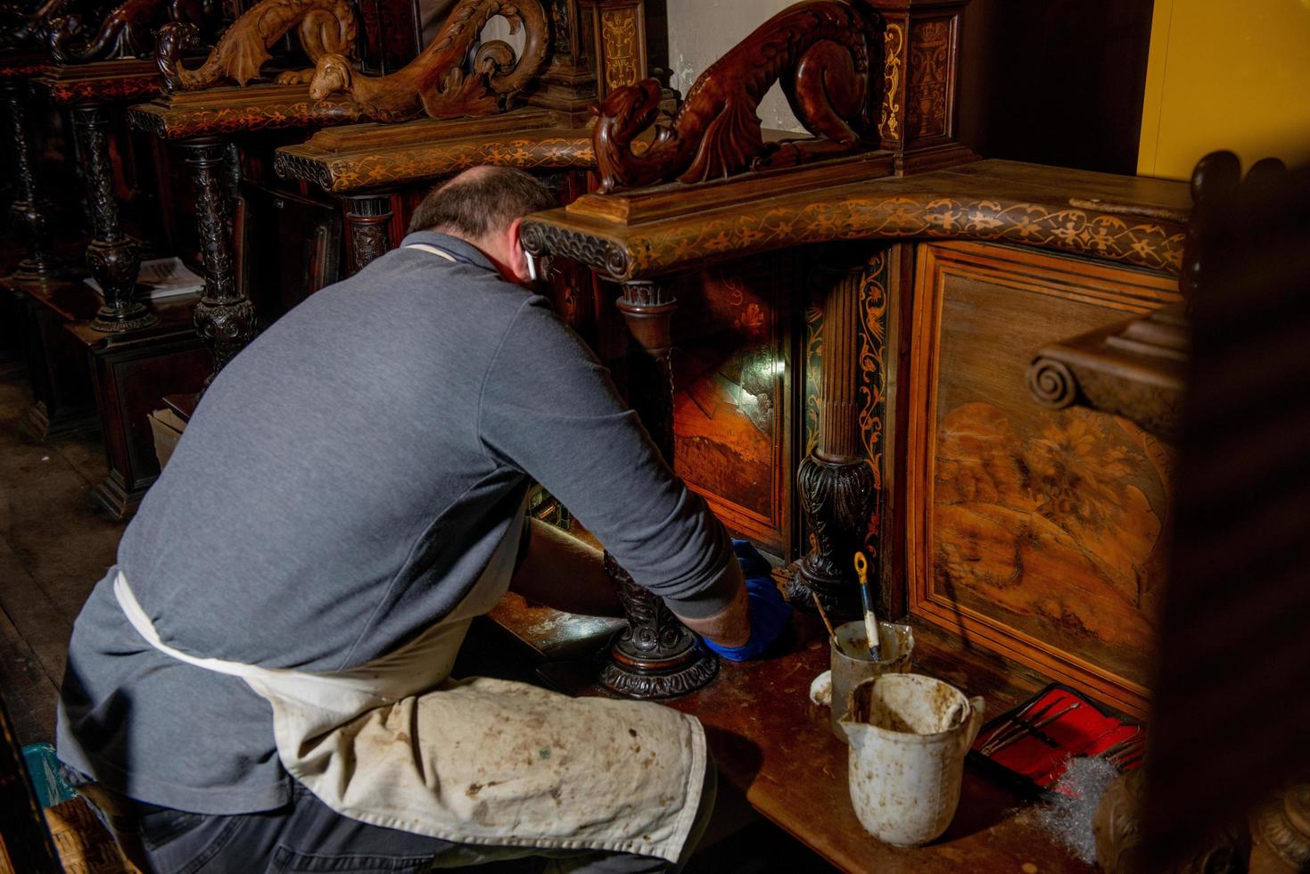 Italy 2022 Restoration of wooden mosaic in the Basilica of Santa Maria Maggiore in Bergamo photo