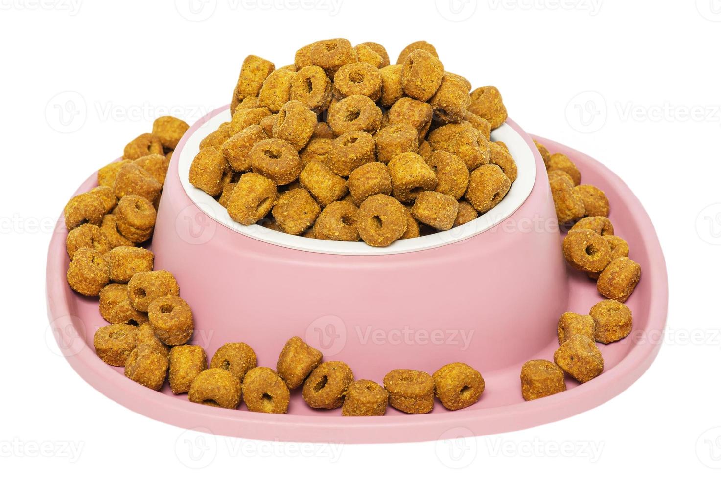 Dry pellets of animal feed in a pink bowl. Balanced food for dogs or cats isolate on white. photo