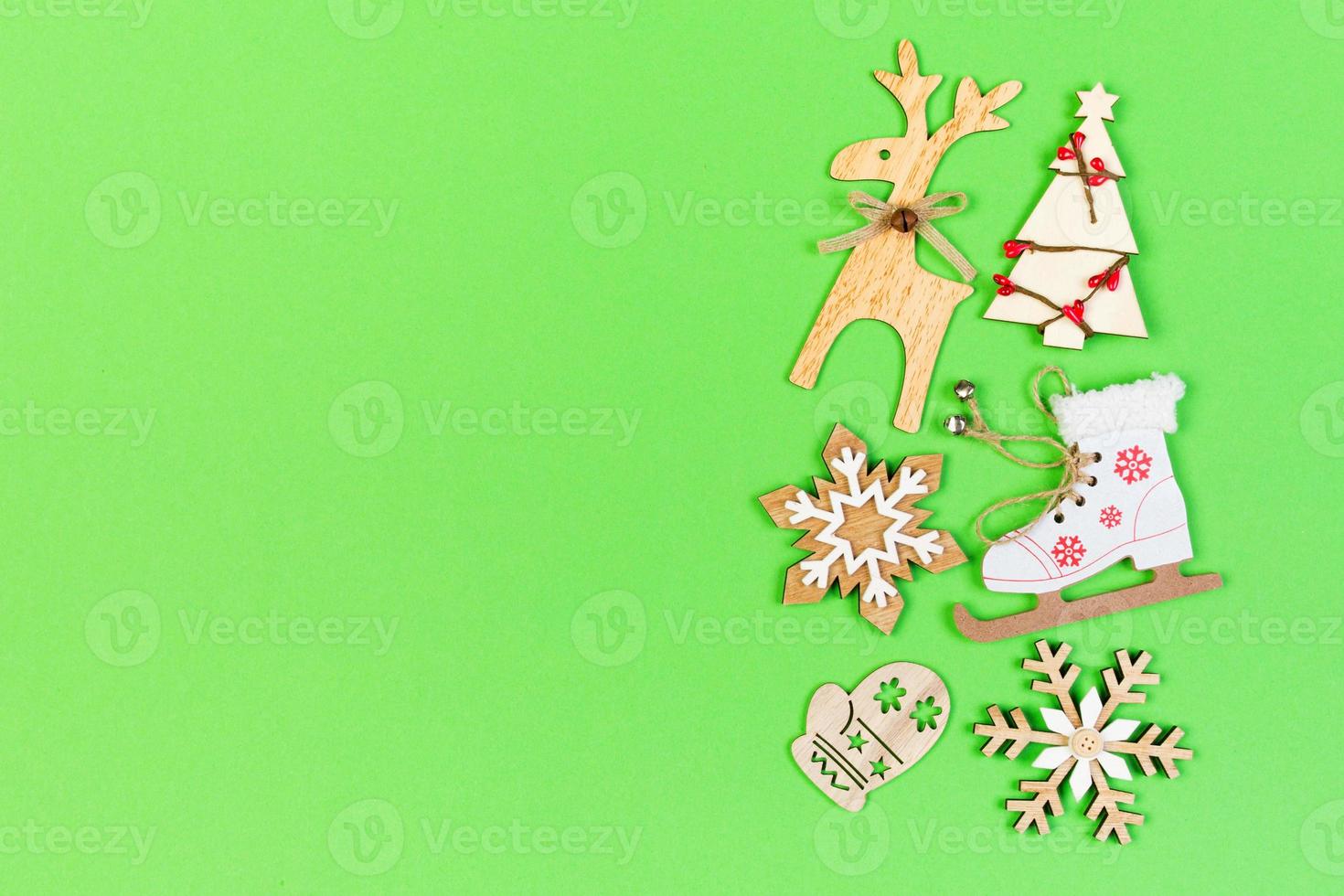 Top view of festive composition made of New Year decorations on colorful background. Merry Christmas concept with empty space for your design photo
