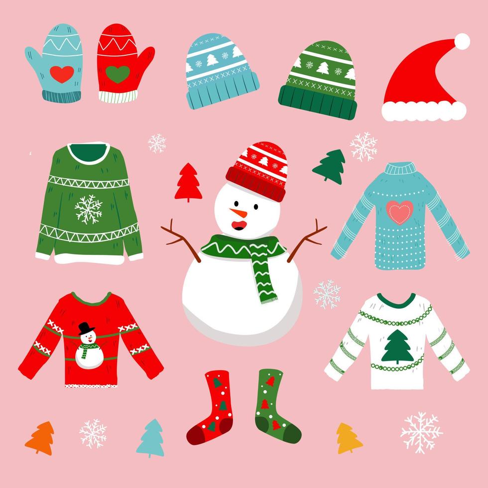 Snowman and winter clothing set on pink background. vector