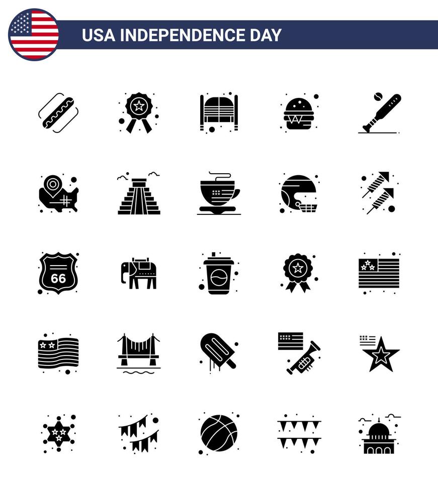 4th July USA Happy Independence Day Icon Symbols Group of 25 Modern Solid Glyph of ball food bar fast entrance Editable USA Day Vector Design Elements