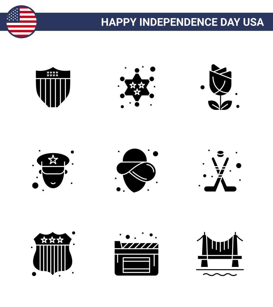 Happy Independence Day USA Pack of 9 Creative Solid Glyphs of hat usa flower police man Editable USA Day Vector Design Elements