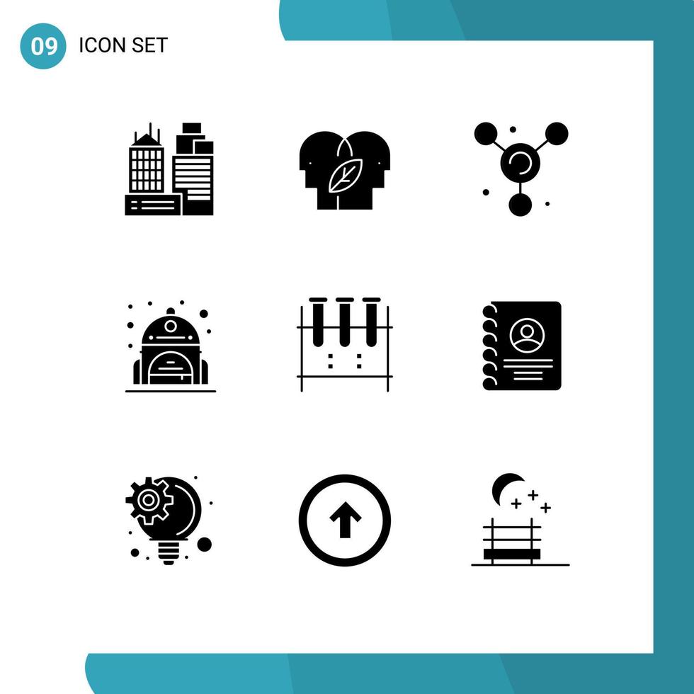 Universal Icon Symbols Group of 9 Modern Solid Glyphs of lab glassware erlenmeyer flask atom chemical flask bag Editable Vector Design Elements