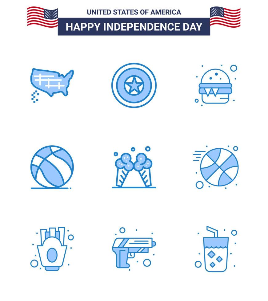 4th July USA Happy Independence Day Icon Symbols Group of 9 Modern Blues of ice usa burger american football Editable USA Day Vector Design Elements