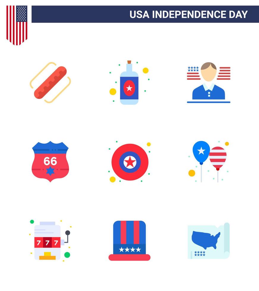 conjunto de 9 iconos del día de los ee.uu. símbolos americanos signos del día de la independencia para globos insignia militar americana ee.uu. elementos de diseño vectorial editables del día de los ee.uu. vector