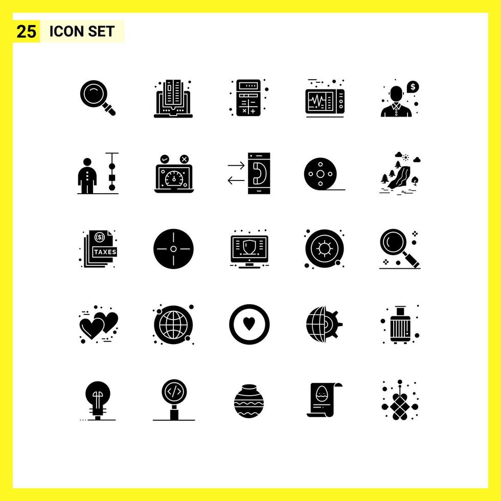 Solid Glyph Pack of 25 Universal Symbols of money medical add heart beat interaction Editable Vector Design Elements