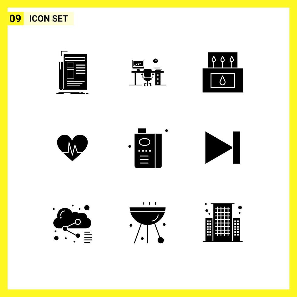 Modern Set of 9 Solid Glyphs Pictograph of pulse heart office table ecg matches Editable Vector Design Elements