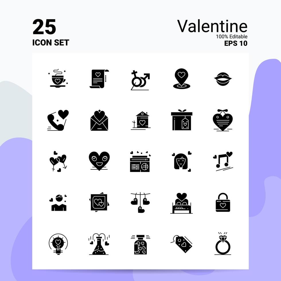 25 conjunto de iconos de san valentín 100 archivos editables eps 10 ideas de concepto de logotipo de empresa diseño de icono de glifo sólido vector