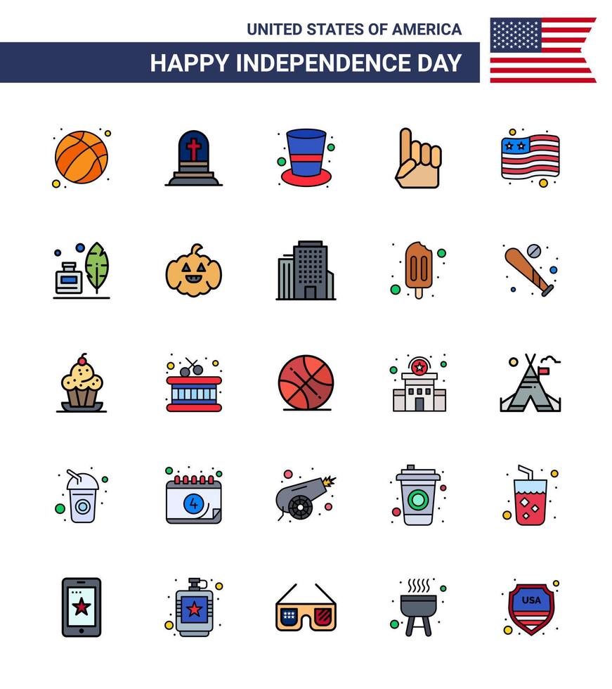 Happy Independence Day 4th July Set of 25 Flat Filled Lines American Pictograph of flag american american usa foam hand Editable USA Day Vector Design Elements