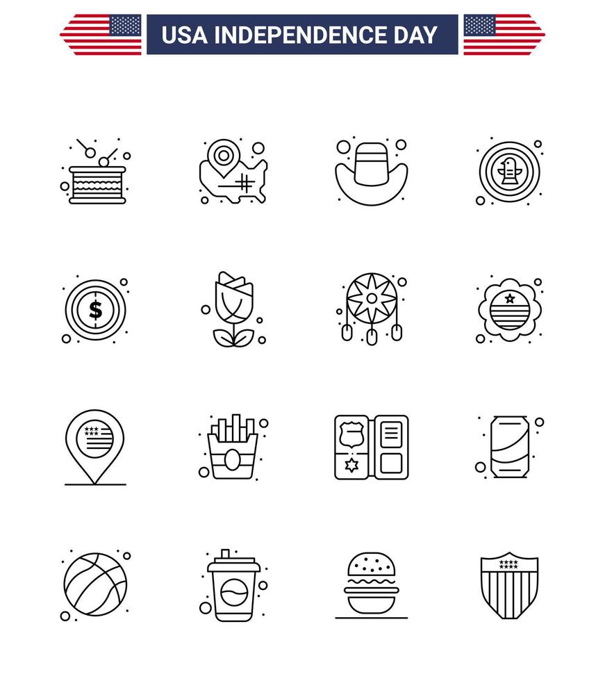 Set of 16 Vector Lines on 4th July USA Independence Day such as badge celebration wisconsin bird hat Editable USA Day Vector Design Elements