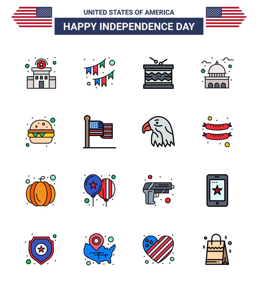 Modern Set of 16 Flat Filled Lines and symbols on USA Independence Day such as usa house garland building parade Editable USA Day Vector Design Elements