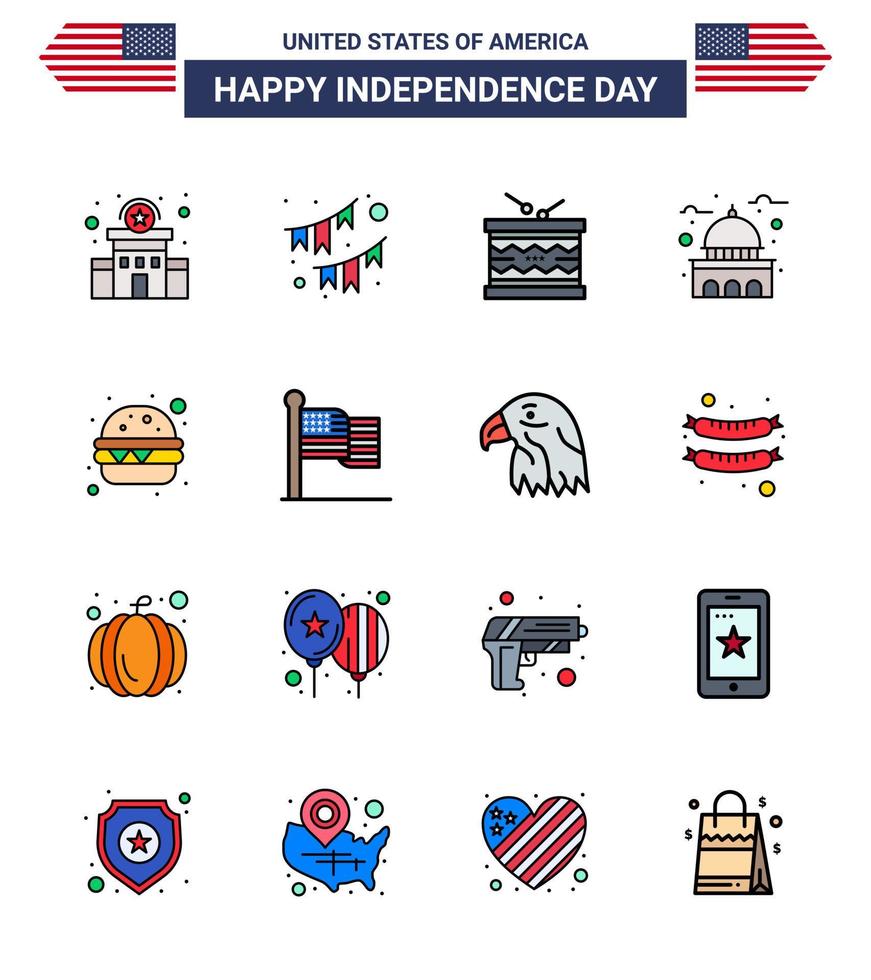 conjunto moderno de 16 líneas planas rellenas y símbolos en el día de la independencia de estados unidos, como el desfile de construcción de guirnaldas de la casa de estados unidos, elementos de diseño vectorial editables del día de estados unidos vector