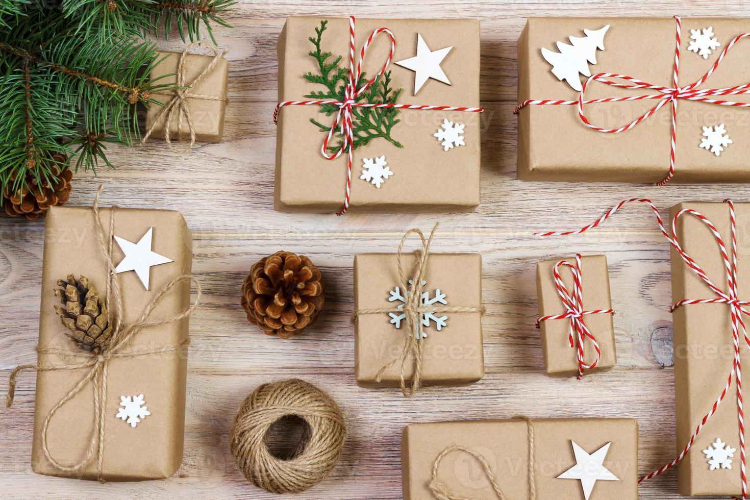Flat lay of object for merry Christmas and Happy new year concept. Mix gifts box and accessories decorations and ornament for christmas season photo