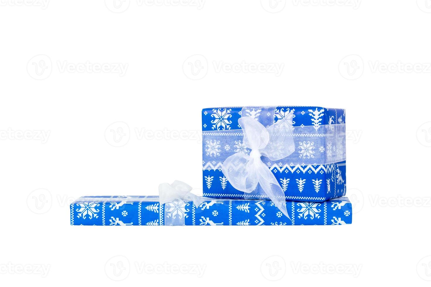 Set of Christmas or other holiday handmade present in blue paper with white ribbon. Isolated on white background, top view. thanksgiving Gift box concept photo