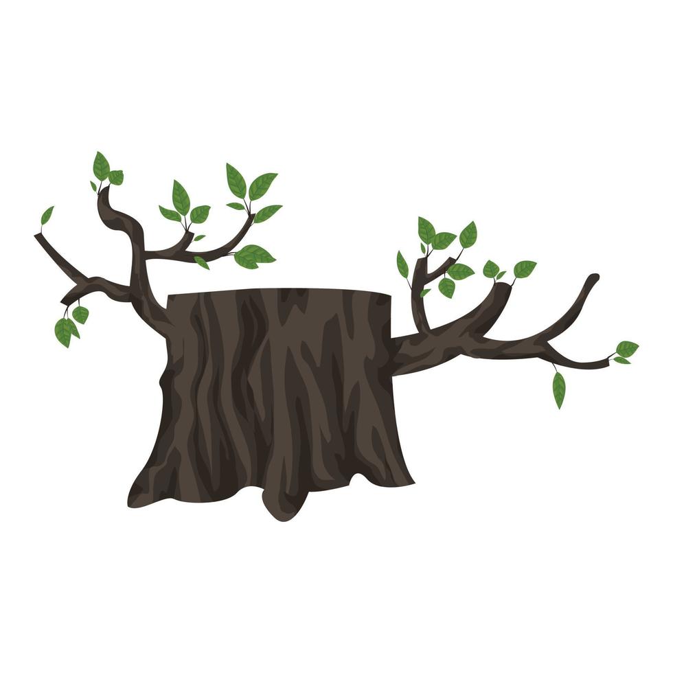 Tree stump with green leafs icon, cartoon style vector