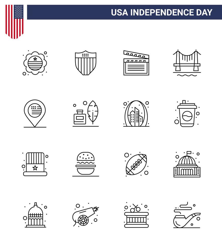 Set of 16 Modern Lines pack on USA Independence Day location cityscape american city bridge Editable USA Day Vector Design Elements