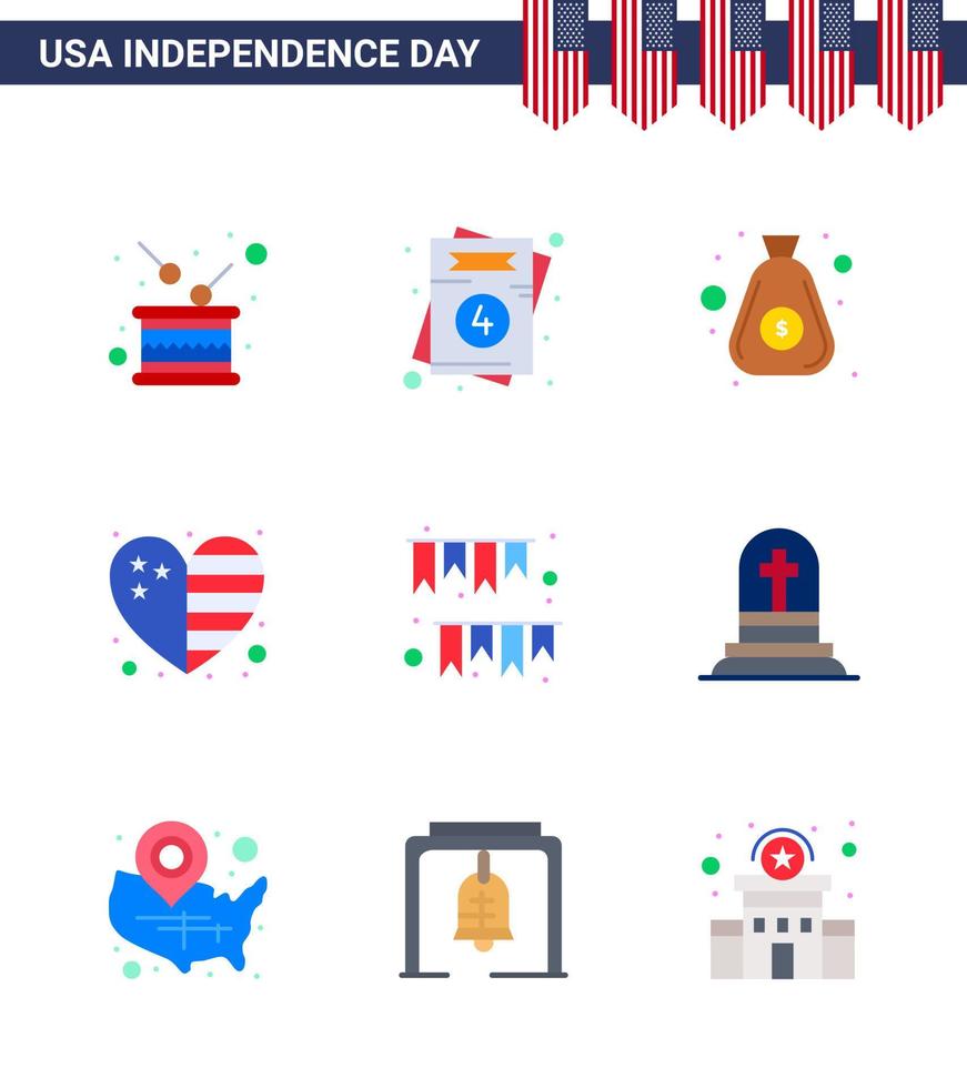 Set of 9 USA Day Icons American Symbols Independence Day Signs for american day flag wedding country cash Editable USA Day Vector Design Elements