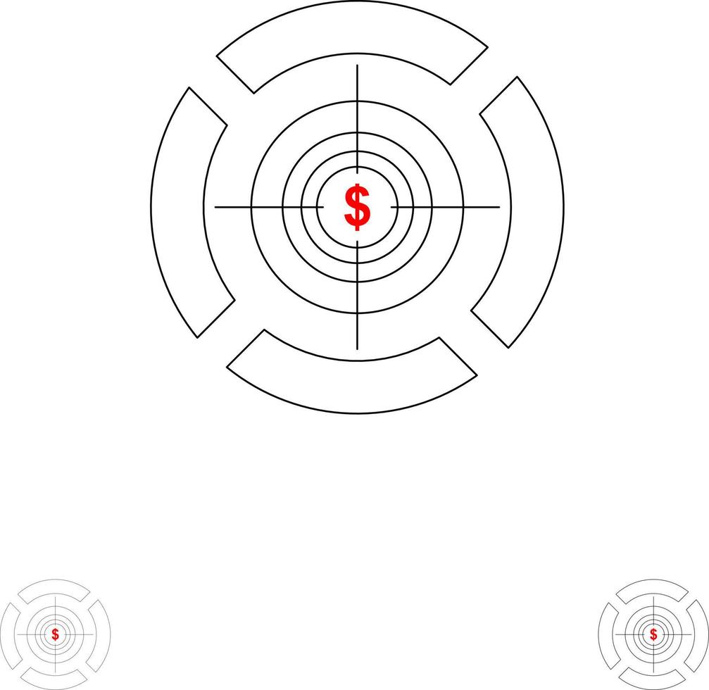 Dart Focus Target Dollar Bold and thin black line icon set vector