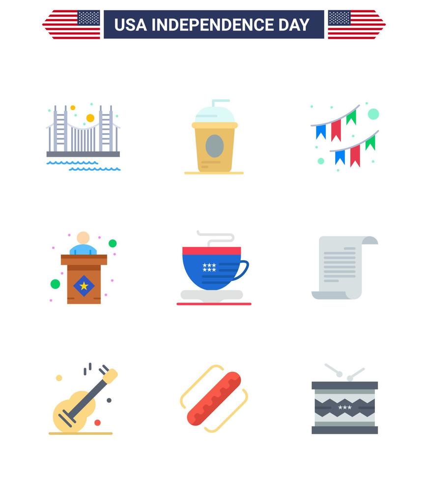 Happy Independence Day Pack of 9 Flats Signs and Symbols for election garland drink party buntings Editable USA Day Vector Design Elements