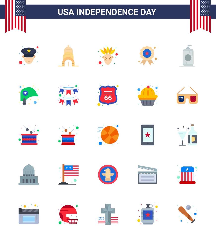 Happy Independence Day 4th July Set of 25 Flats American Pictograph of head drink thanksgiving cola medal Editable USA Day Vector Design Elements