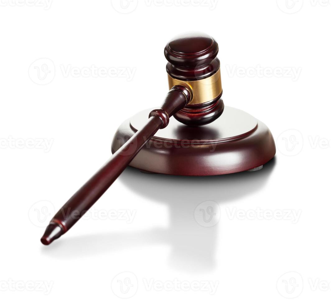 Lustrous Wooden Gavel and Sound Block on White Background. photo