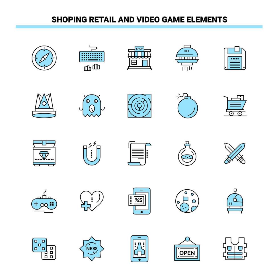 25 compras minoristas y elementos de videojuegos conjunto de iconos negros y azules diseño de iconos creativos y plantilla de logotipo fondo de vector de iconos negros creativos